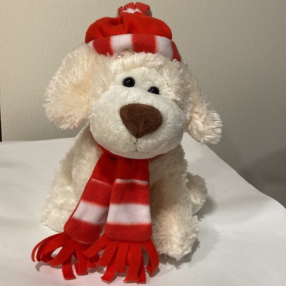 GITZY Valentines Day Plush White Toy Dog Puppy Red Beanie Scarf Brown Nose - Picture 6 of 14